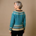 Allaira vintage Icelandic cardigan teal with Fair Isle stripe hem, long sleeves