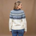 Vintage Icelandic sweater, cream knit with navy patterned yoke and long sleeves.