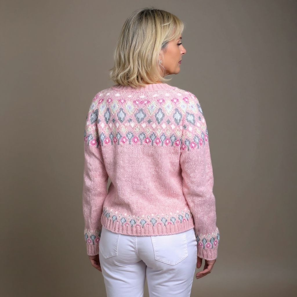 Pink knit cardigan with diamond pattern across back, button front and ribbed cuffs