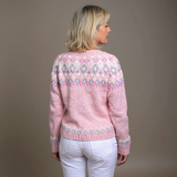 Pink knit cardigan with diamond pattern across back, button front and ribbed cuffs