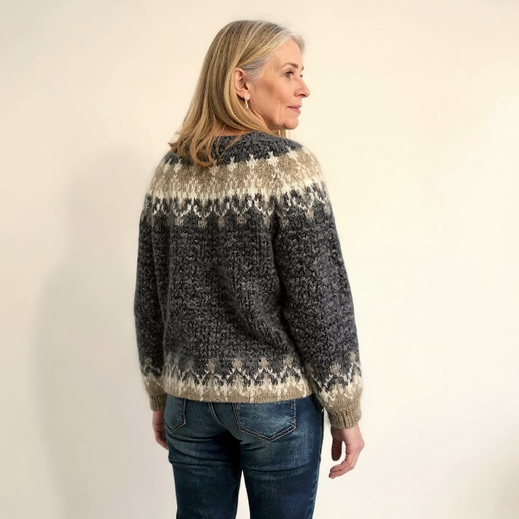 Charcoal fair isle knit sweater back view with cream patterned yoke