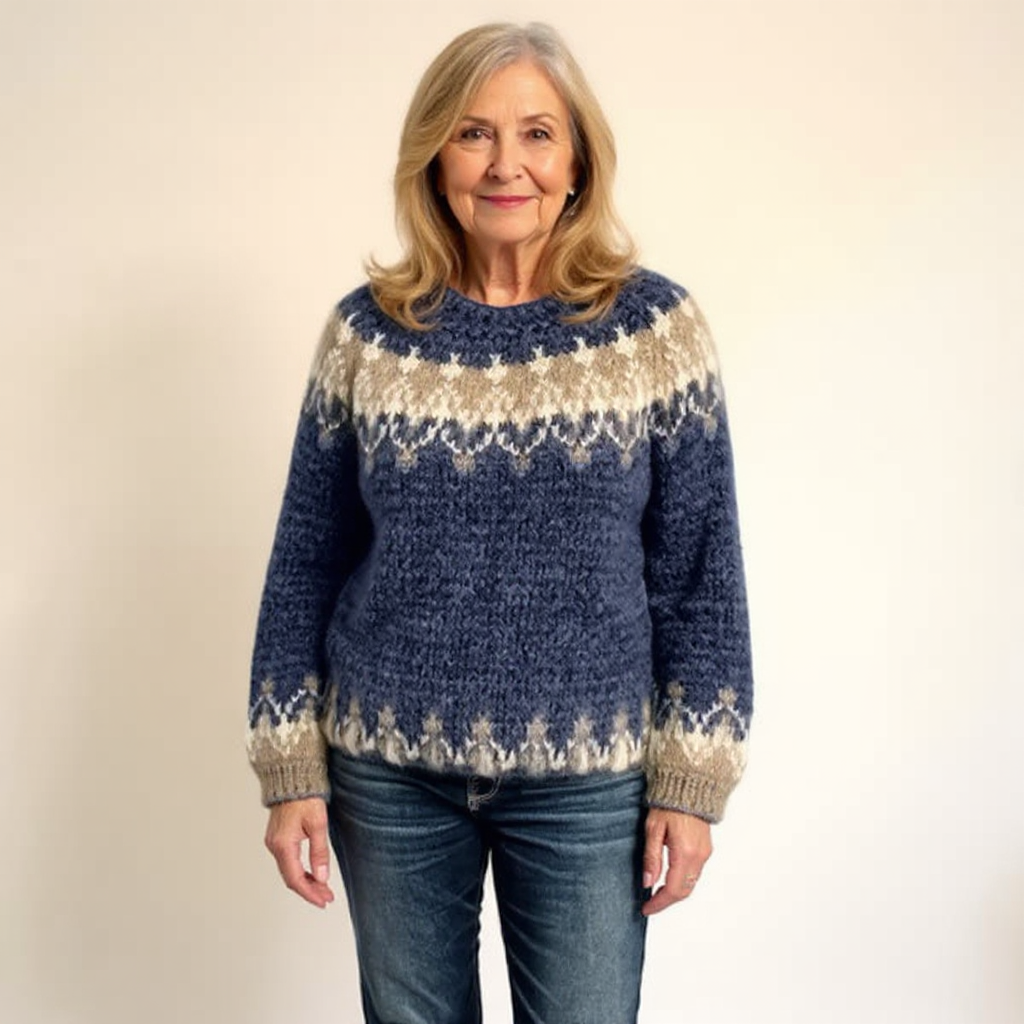 Blue fair isle knit sweater, crew neck and patterned yoke