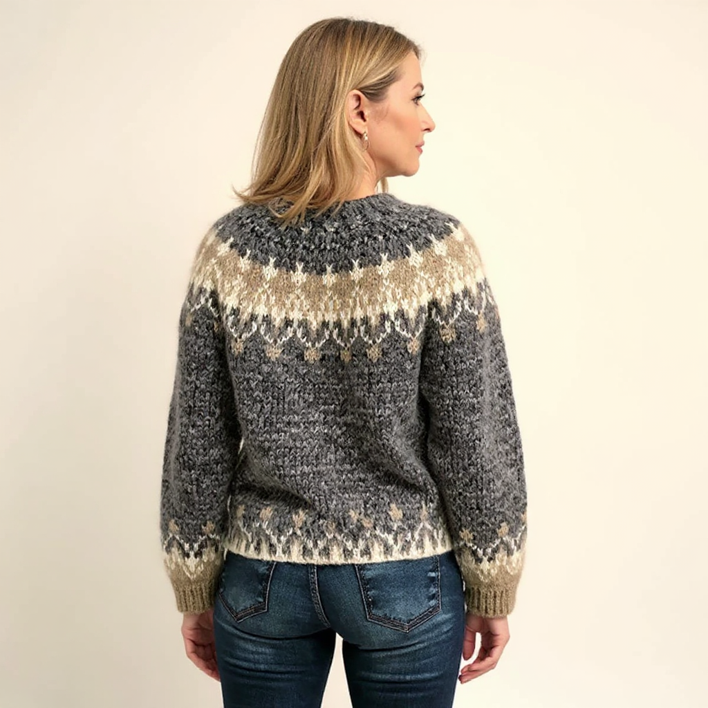 Charcoal fair isle knit sweater back view with ribbed cuffs and cream yoke pattern