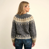 Charcoal fair isle knit sweater back view with ribbed cuffs and cream yoke pattern