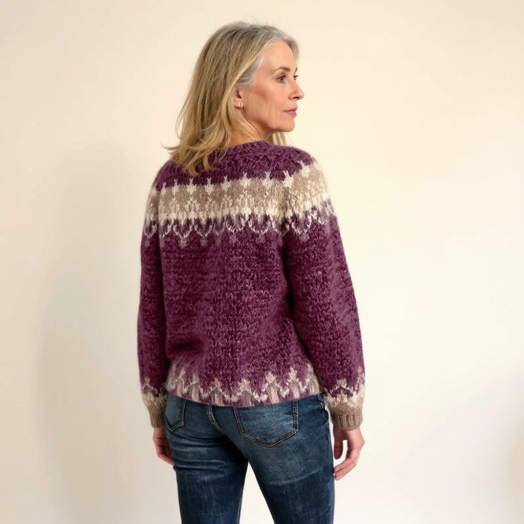 Purple fair isle knit sweater back view with patterned yoke and ribbed cuffs