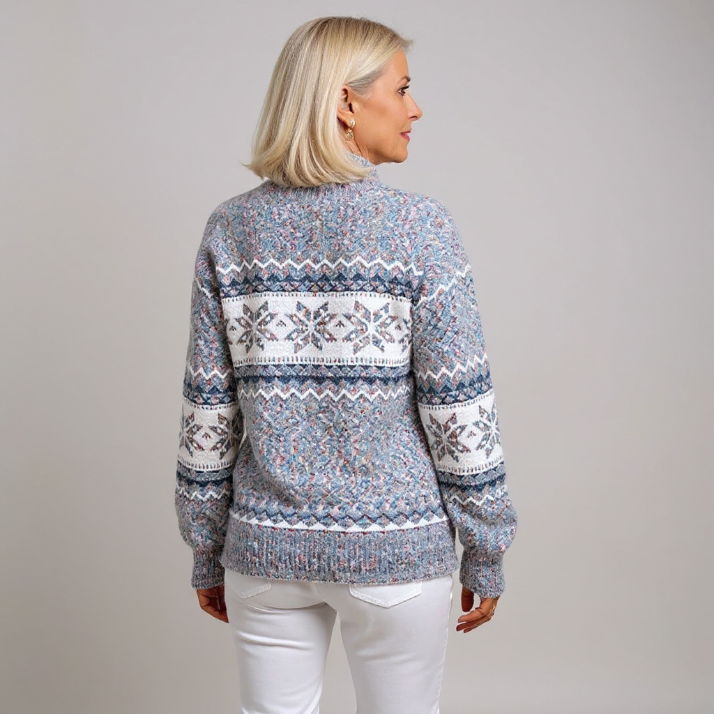Vintage Icelandic sweater, light blue knit with geometric yoke pattern, back view