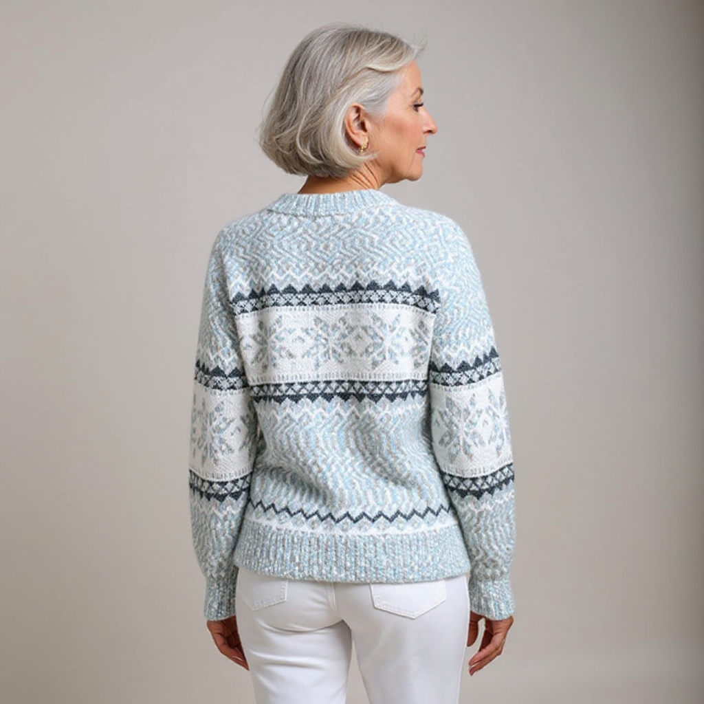 Vintage Icelandic sweater, light blue knit with Nordic bands, back and shoulder detail