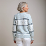 Vintage Icelandic sweater, light blue knit with Nordic bands, back and shoulder detail