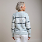 Vintage Icelandic sweater, light blue knit with Nordic bands, back and shoulder detail