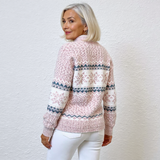 Vintage Icelandic sweater, pink knit with Nordic stripe pattern, back view
