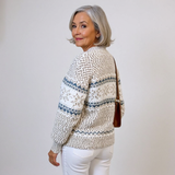 Vintage Icelandic sweater, cream knit with blue geometric yoke and long sleeves