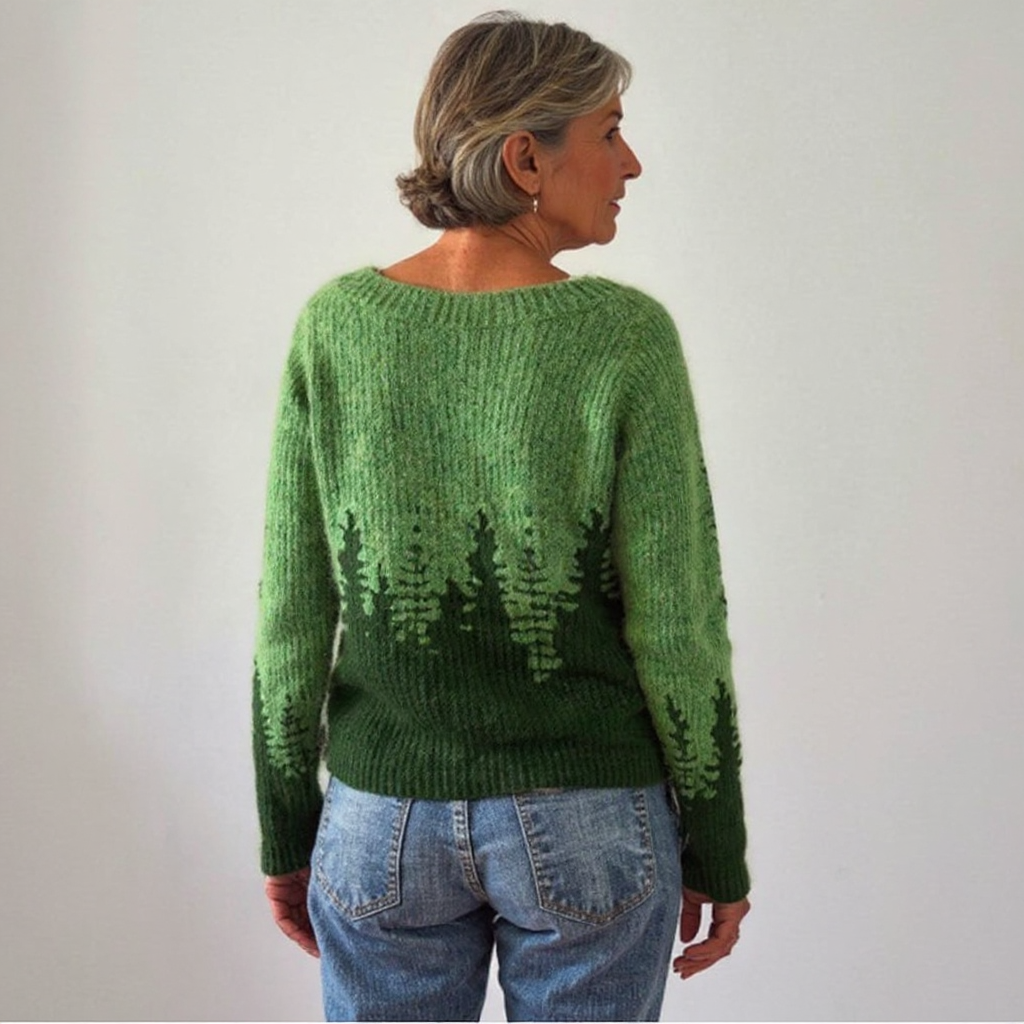 Green Icelandic-style sweater with crew neck and back tree-pattern intarsia