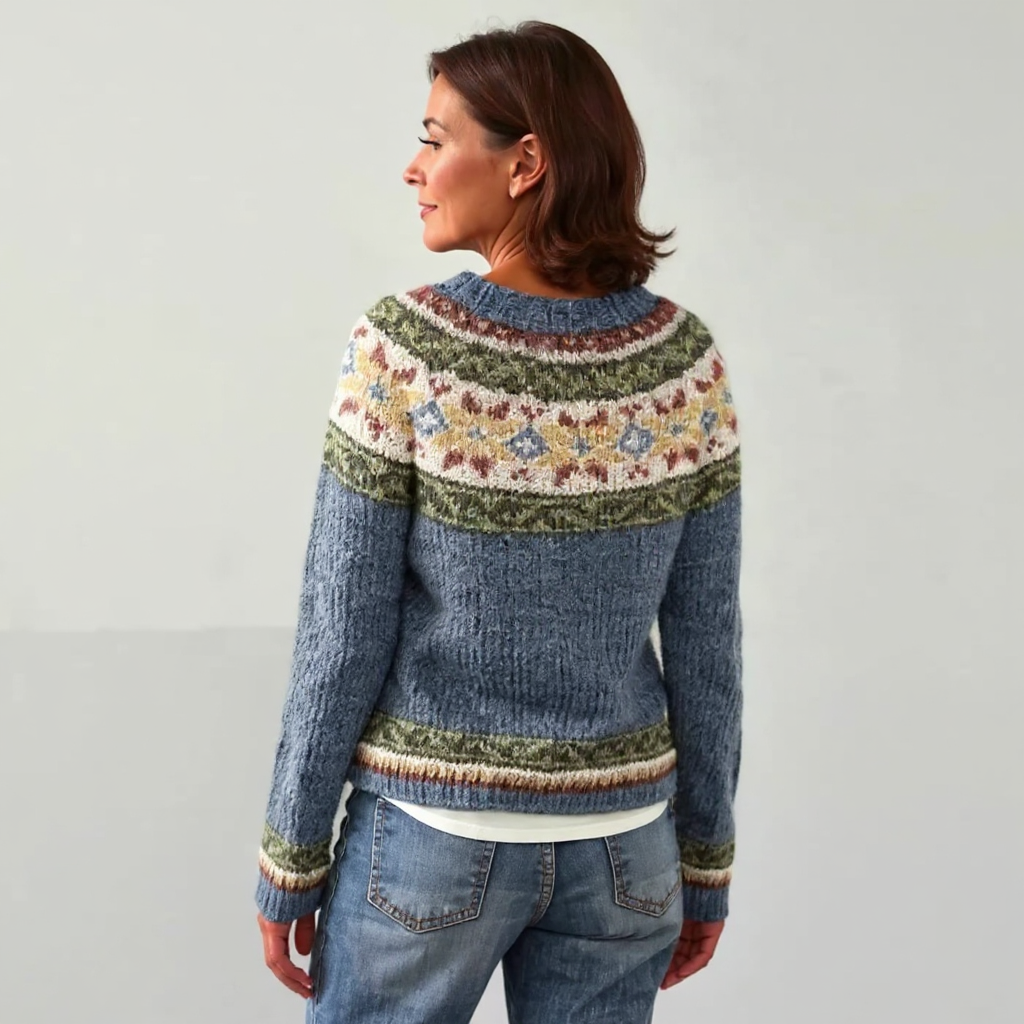 Vintage Icelandic-style wool sweater, blue knit with Fair Isle yoke and ribbed hem
