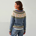 Vintage Icelandic-style wool sweater, blue knit with Fair Isle yoke and ribbed hem