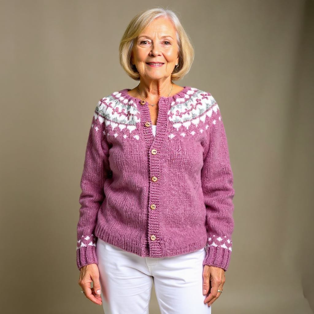 Vintage Icelandic cardigan, mauve purple fair isle pattern, gold buttons