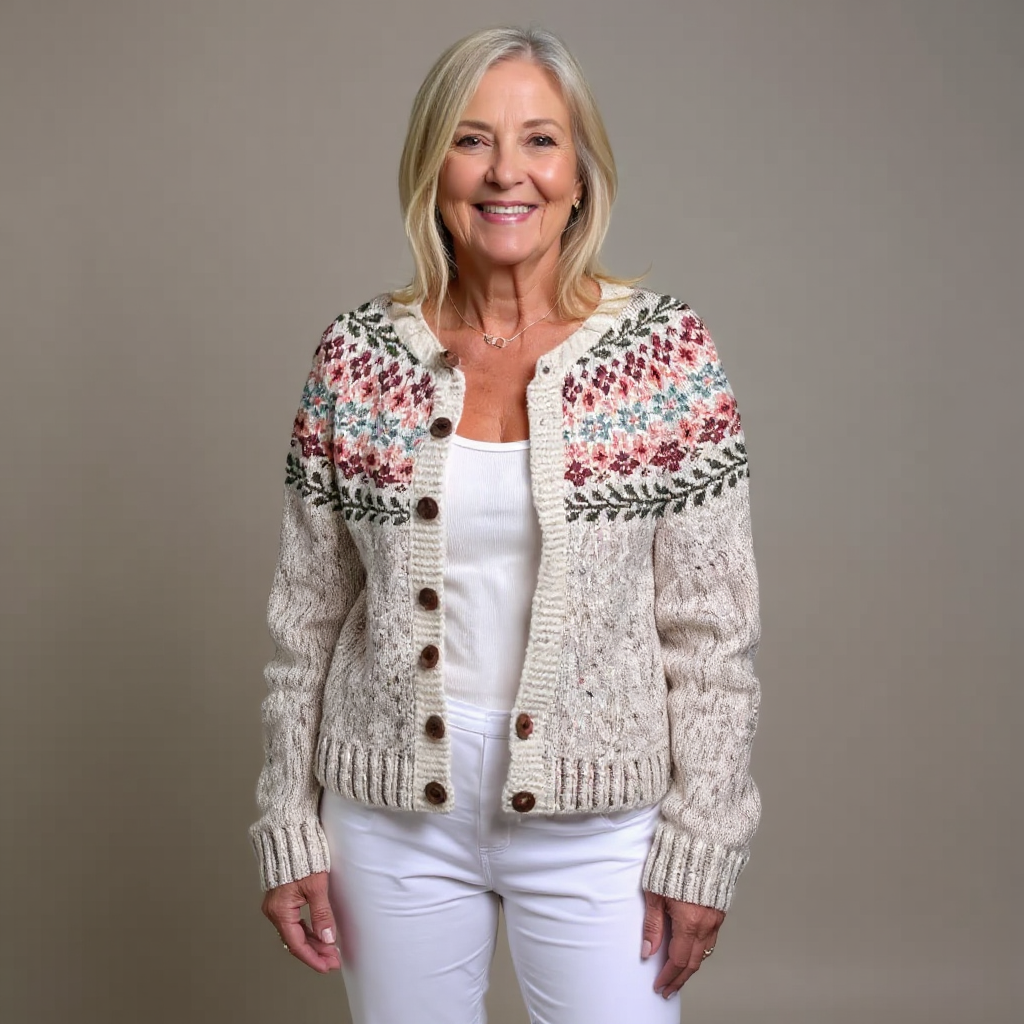 Vintage Icelandic knit cardigan, cream floral yoke, button front