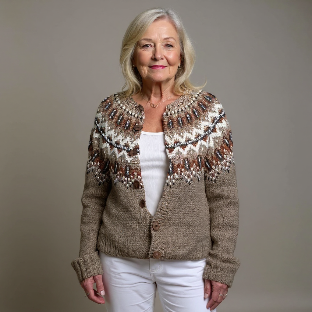 Vintage knit cardigan in taupe with fair isle yoke, beaded pattern, button-front