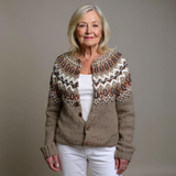 Vintage knit cardigan in taupe with fair isle yoke, beaded pattern, button-front