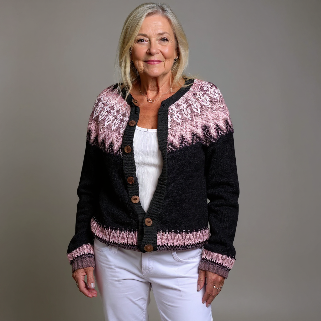Vintage Icelandic cardigan in black with mauve fair isle pattern and button front
