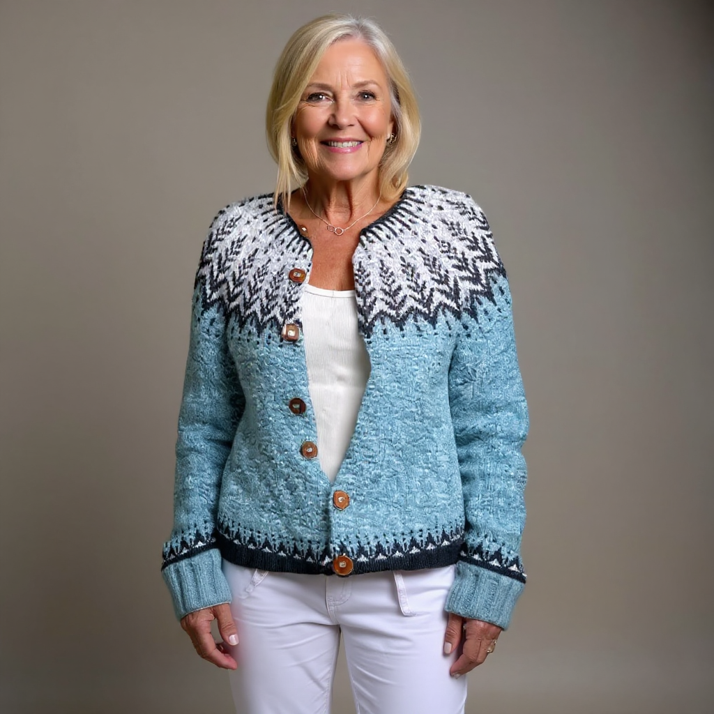 Icelandic-style vintage cardigan in heather blue with wood-button front and chevron yoke.