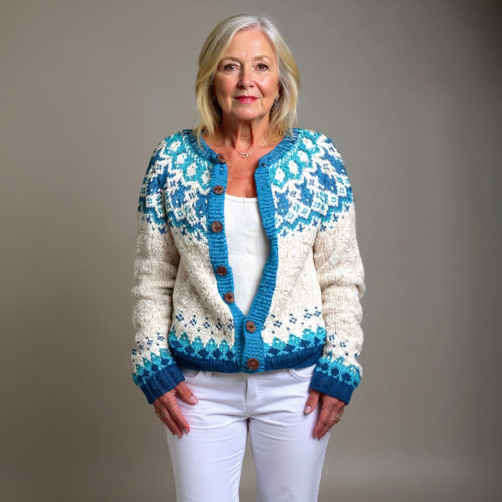 Vintage knit cardigan with blue fair isle yoke, cream body, button-front, long sleeves