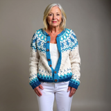 Vintage knit cardigan with blue fair isle yoke, cream body, button-front, long sleeves