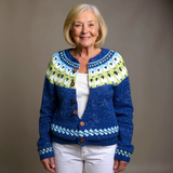 Vintage Icelandic cardigan, blue knit with sheep pattern, button-front and ribbed trim