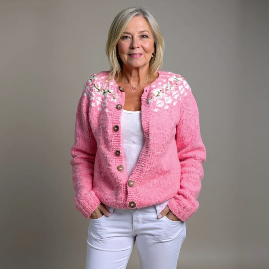 Vintage pink knit cardigan with button front, V-neck and white floral pattern