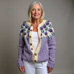 Vintage Icelandic knit cardigan in lilac with purple tie-dye yoke, cream button front