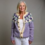 Vintage Icelandic knit cardigan in lilac with purple tie-dye yoke, cream button front