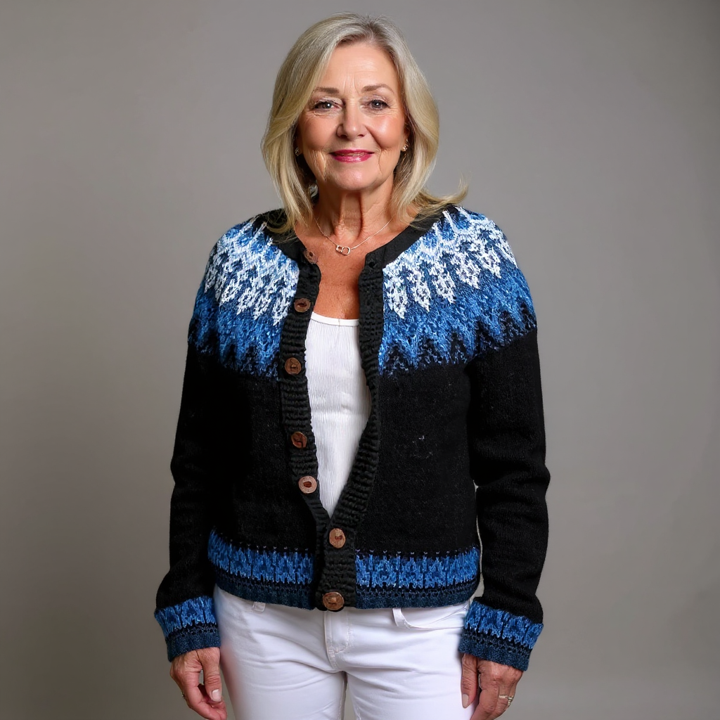Vintage handcrafted Icelandic cardigan, black with blue patterned yoke and button front