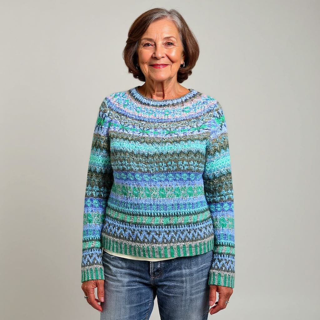 Audrey vintage Icelandic sweater with blue-green fair isle stripes, crew neck