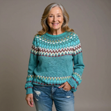 Teal knit Icelandic-style sweater with crew neck and multicolor Fair Isle yoke