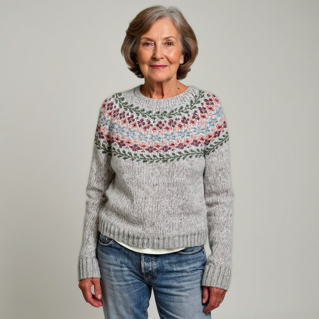 Icelandic-style vintage knit pullover with crew neck and multicolor yoke pattern