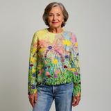 Women’s vintage floral knit sweater with crew neck, long sleeves, multicolor garden print