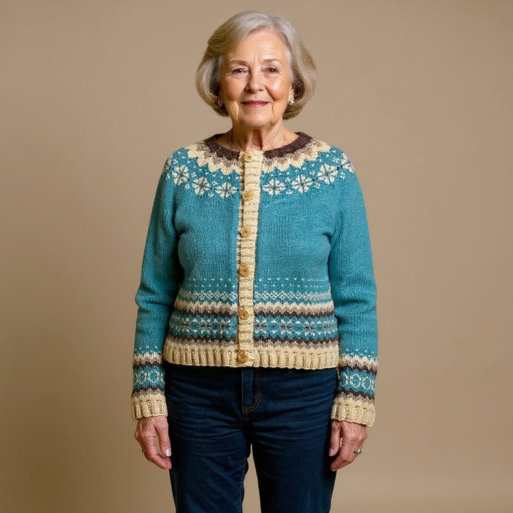 Allaira vintage Icelandic cardigan in teal with button-front and Fair Isle yoke