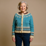 Allaira vintage Icelandic cardigan in teal with button-front and Fair Isle yoke