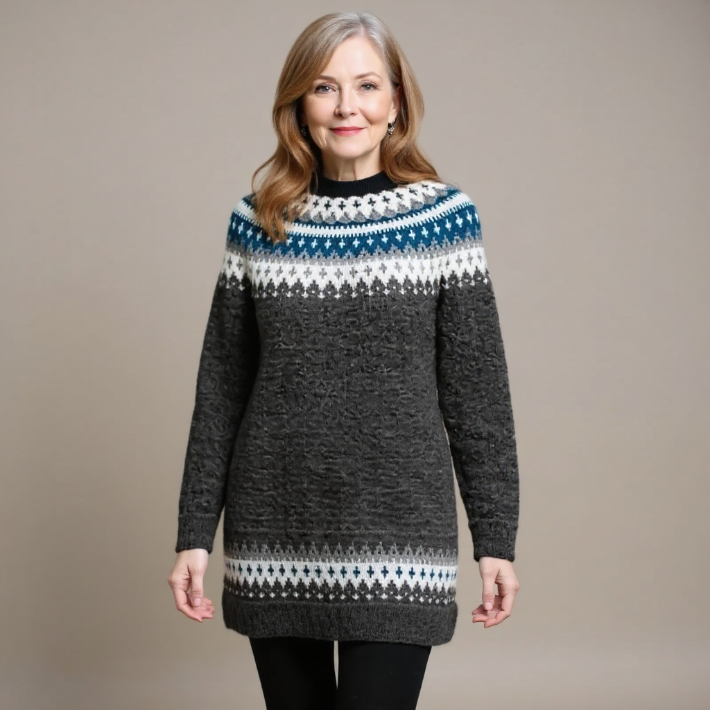 Women’s vintage Icelandic sweater, charcoal knit with blue and white fair isle yoke