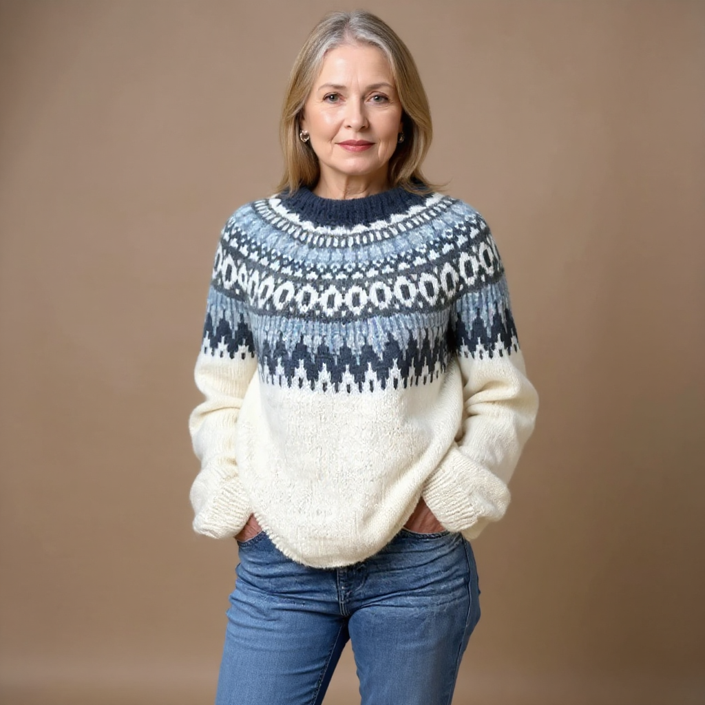 Vintage Icelandic knit sweater, cream body with navy fair isle yoke and crew neck.