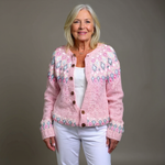 Pink knit cardigan with multicolor diamond pattern, button-front and V-neck
