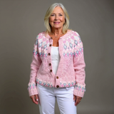 Pink knit cardigan with multicolor diamond pattern, button-front and V-neck