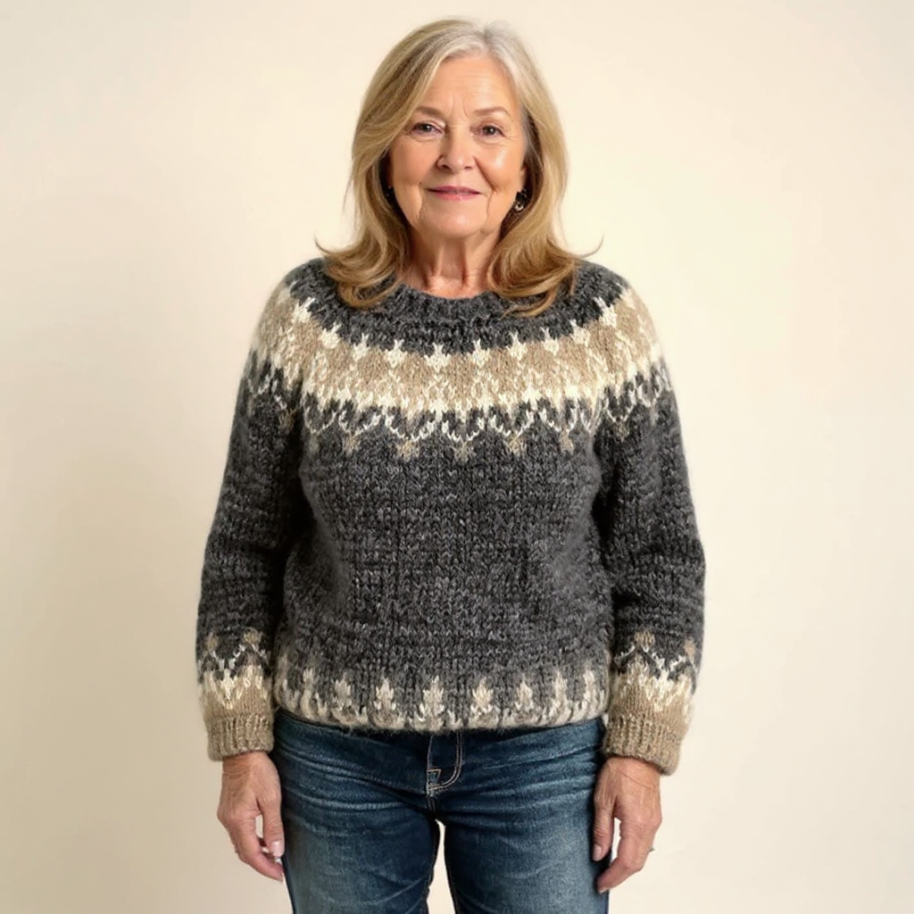 Charcoal fair isle knit sweater with crew neck and cream pattern bands