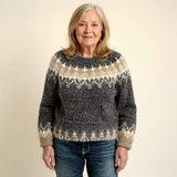 Charcoal fair isle knit sweater with crew neck and cream pattern bands
