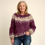 Purple fair isle knit sweater with crew neck and banded patterned yoke