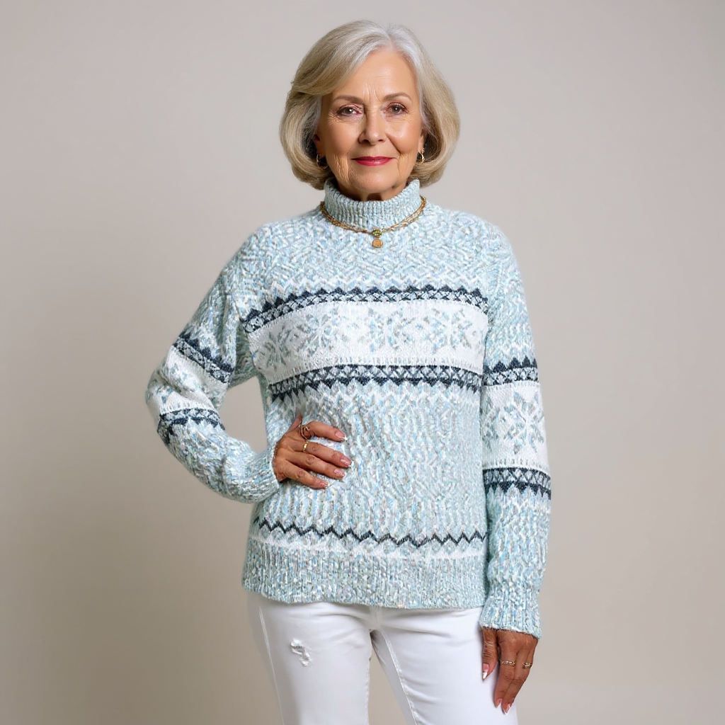 Vintage Icelandic sweater, light blue knit with Nordic fair isle bands and high neck