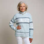 Vintage Icelandic sweater, light blue knit with Nordic fair isle bands and high neck