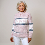 Vintage Icelandic sweater, pink knit with white and navy fair isle stripe pattern