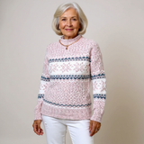 Vintage Icelandic sweater, pink knit with white and navy fair isle stripe pattern