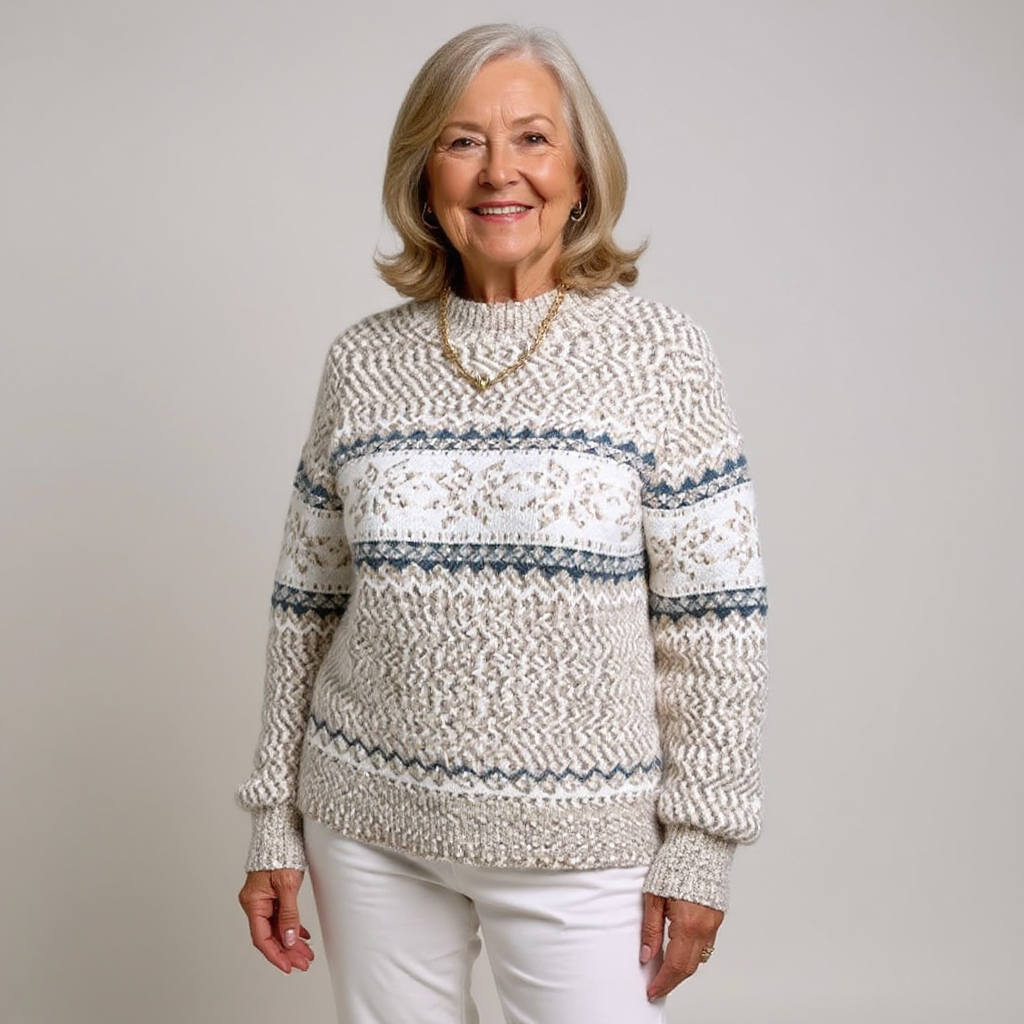 Vintage Icelandic sweater, cream knit with Nordic fair isle bands and high neckline