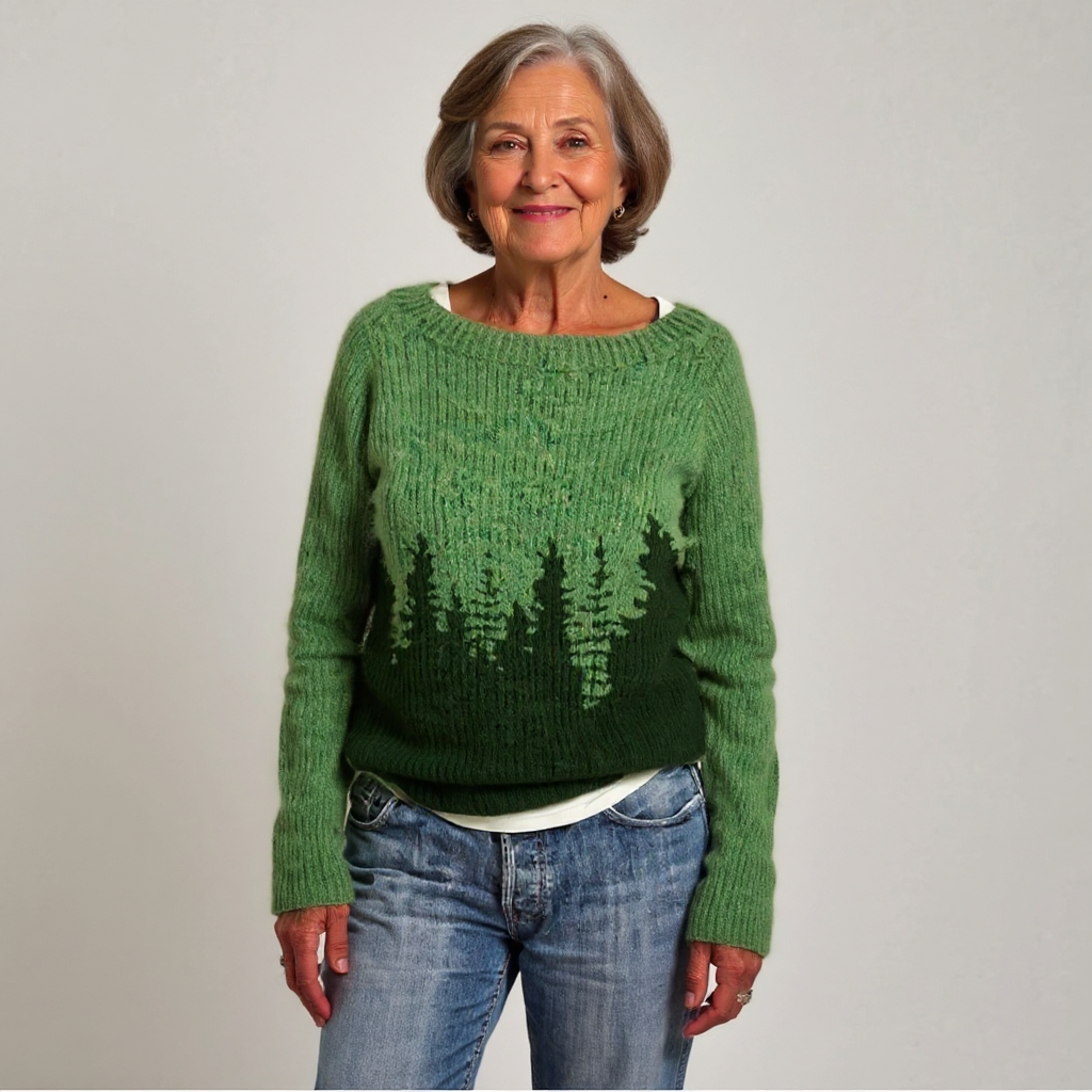 Green Icelandic-style sweater with crew neck, long sleeves, tree-pattern intarsia